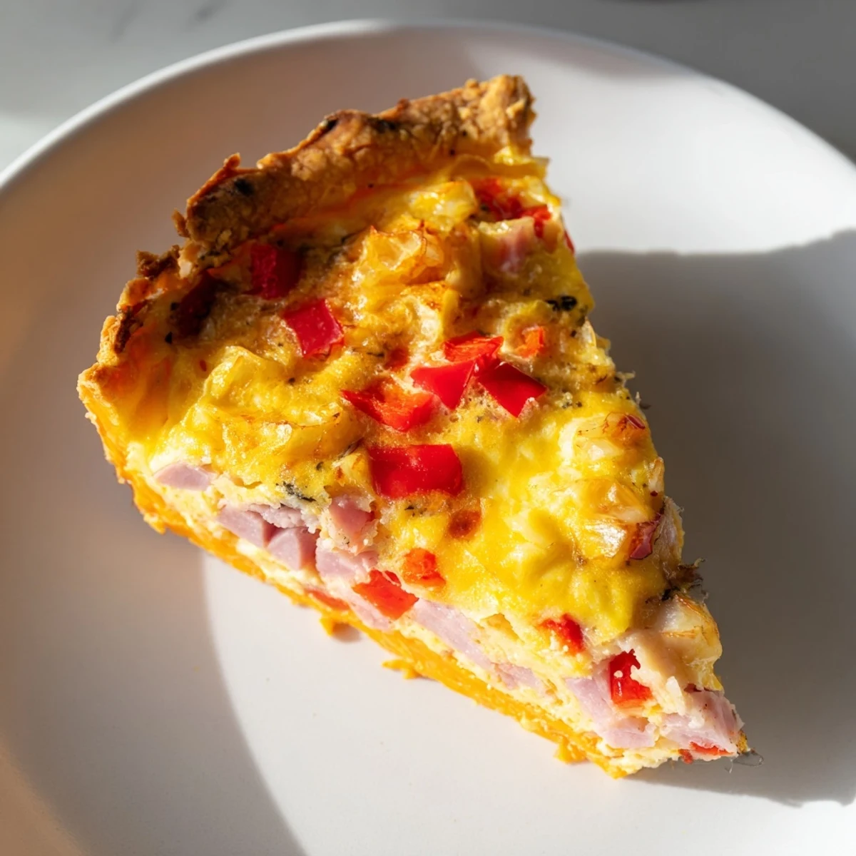 Close-up of a savory Red Capsicum and Ham Quiche with Sweet Potato Crust, featuring a golden top and colorful vegetable filling.