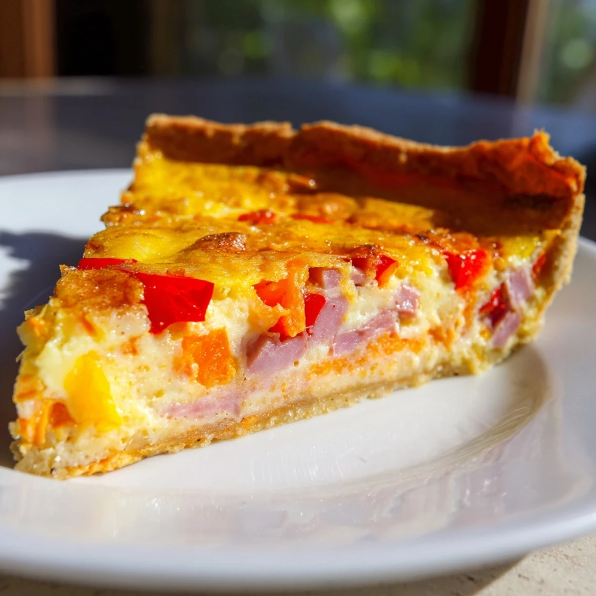 Freshly baked Red Capsicum and Ham Quiche with Sweet Potato Crust served warm, ready for a gluten-free brunch or light dinner.