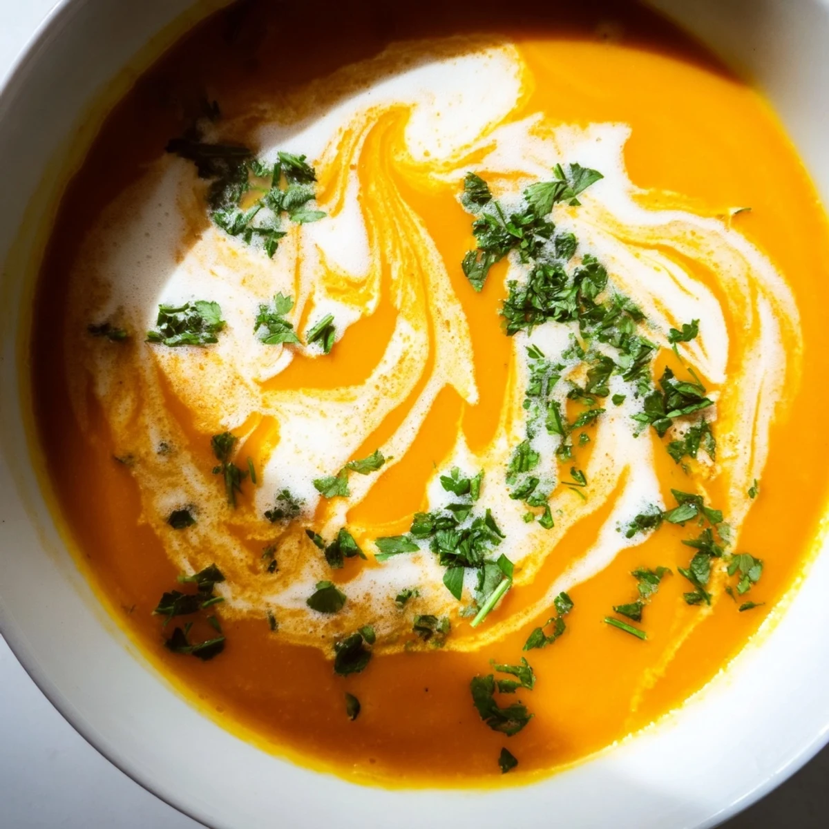 Velvety Creamy Carrot and Coriander Soup is shown in a rustic bowl with golden Parmesan toasts beside it.