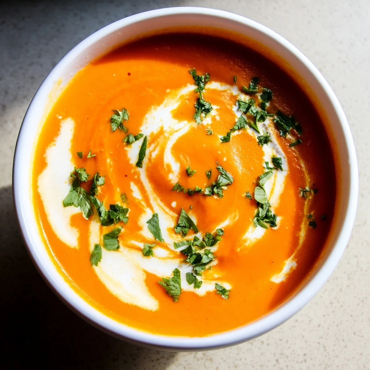 A close-up of Creamy Carrot and Coriander Soup topped with fresh herbs and crispy Parmesan toasts on the side.