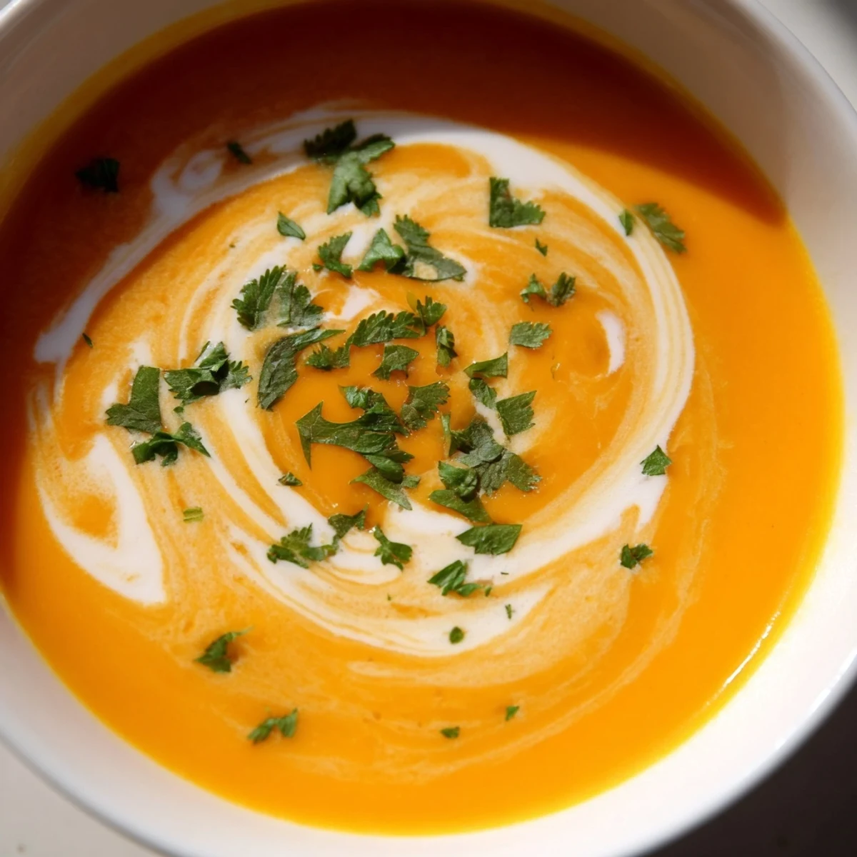 Bright orange Creamy Carrot and Coriander Soup is served warm, garnished with herbs and Parmesan toasts.