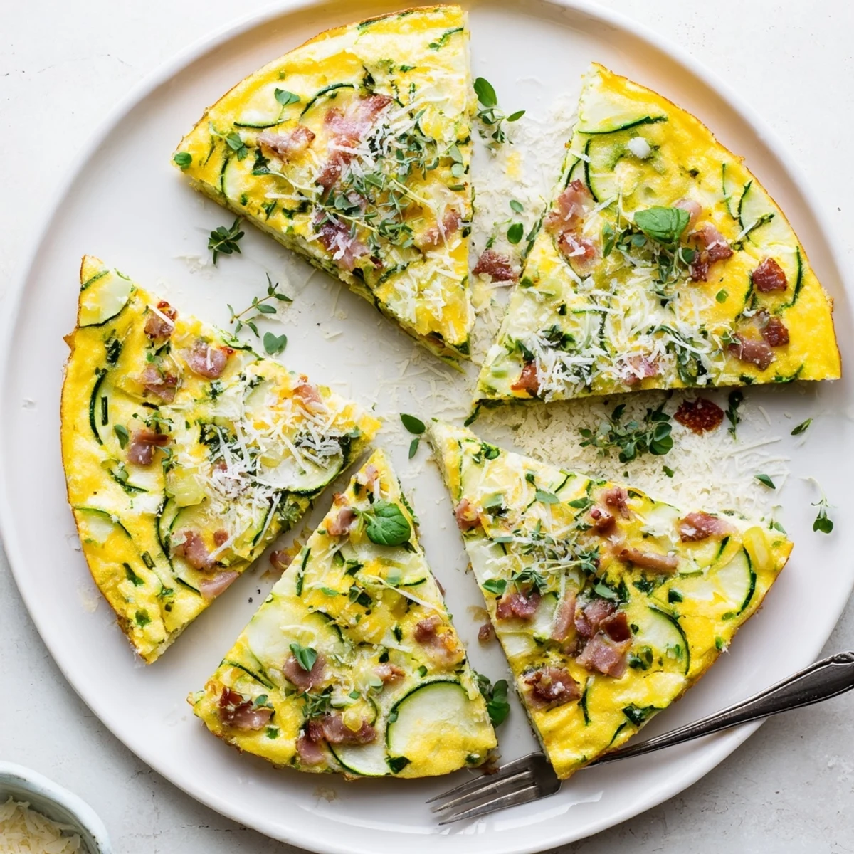 Freshly baked Zucchini Herb and Pancetta Frittata served warm in a skillet with a green salad.