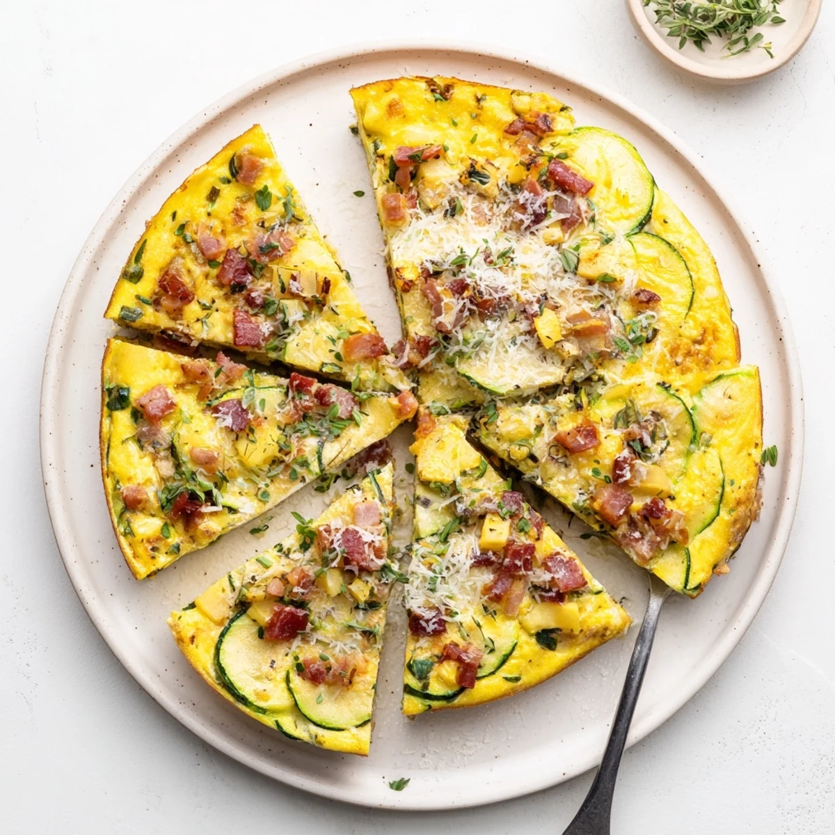 A close-up of Zucchini Herb and Pancetta Frittata garnished with fresh parsley and basil on a wooden table.