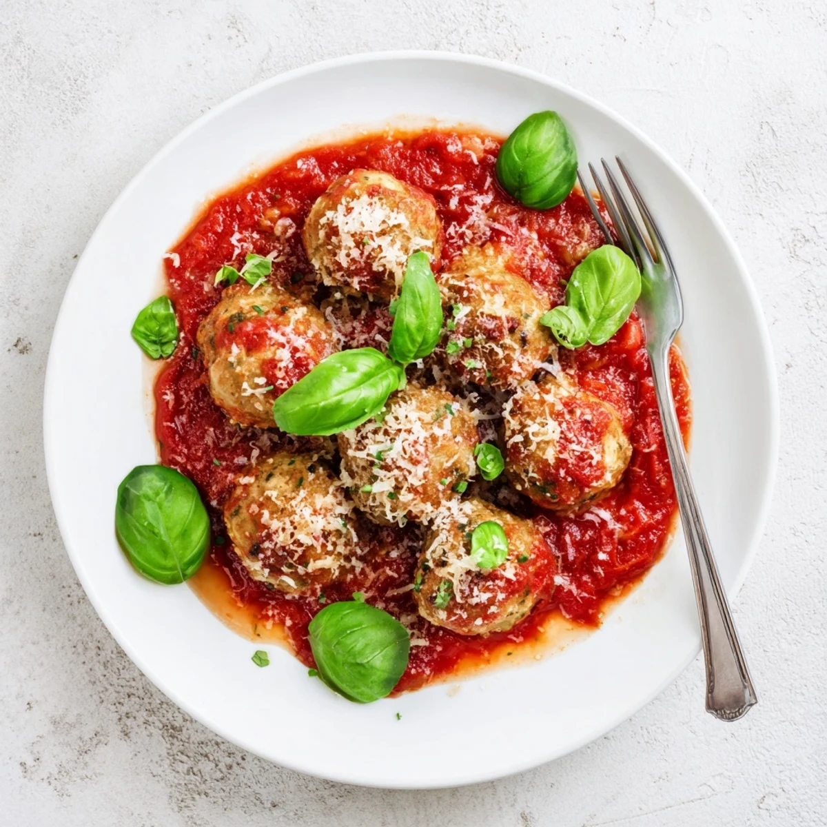 Golden-baked ricotta and mushroom meatballs simmer in a rich tomato sauce, garnished with fresh basil.