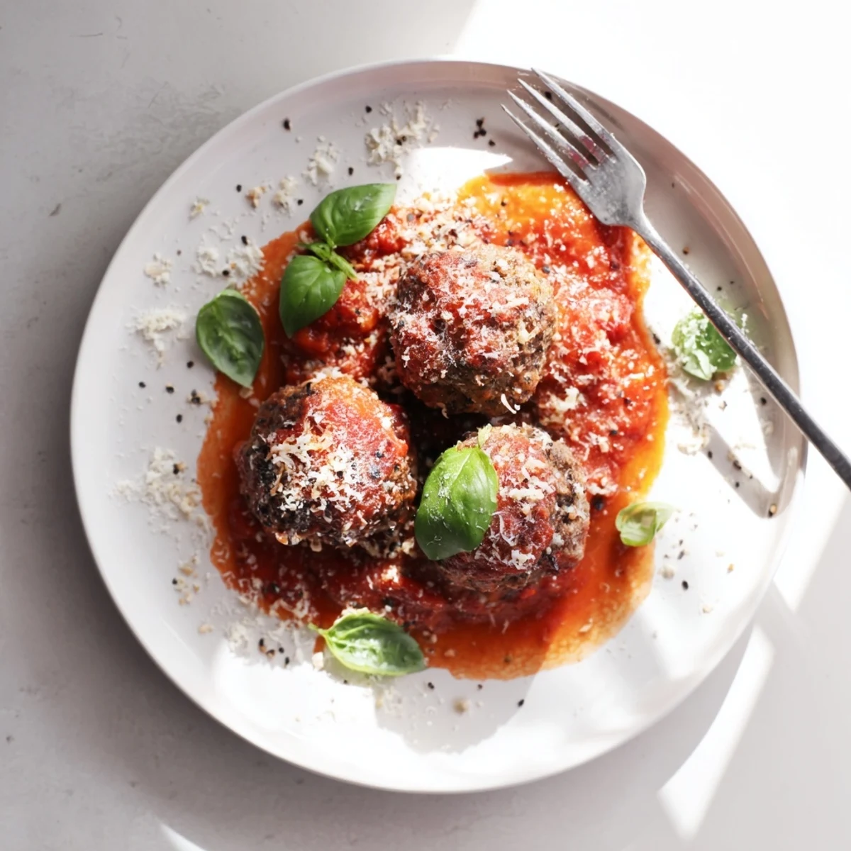 Tender ricotta and mushroom meatballs sit atop spaghetti, ready to be enjoyed with Parmesan.