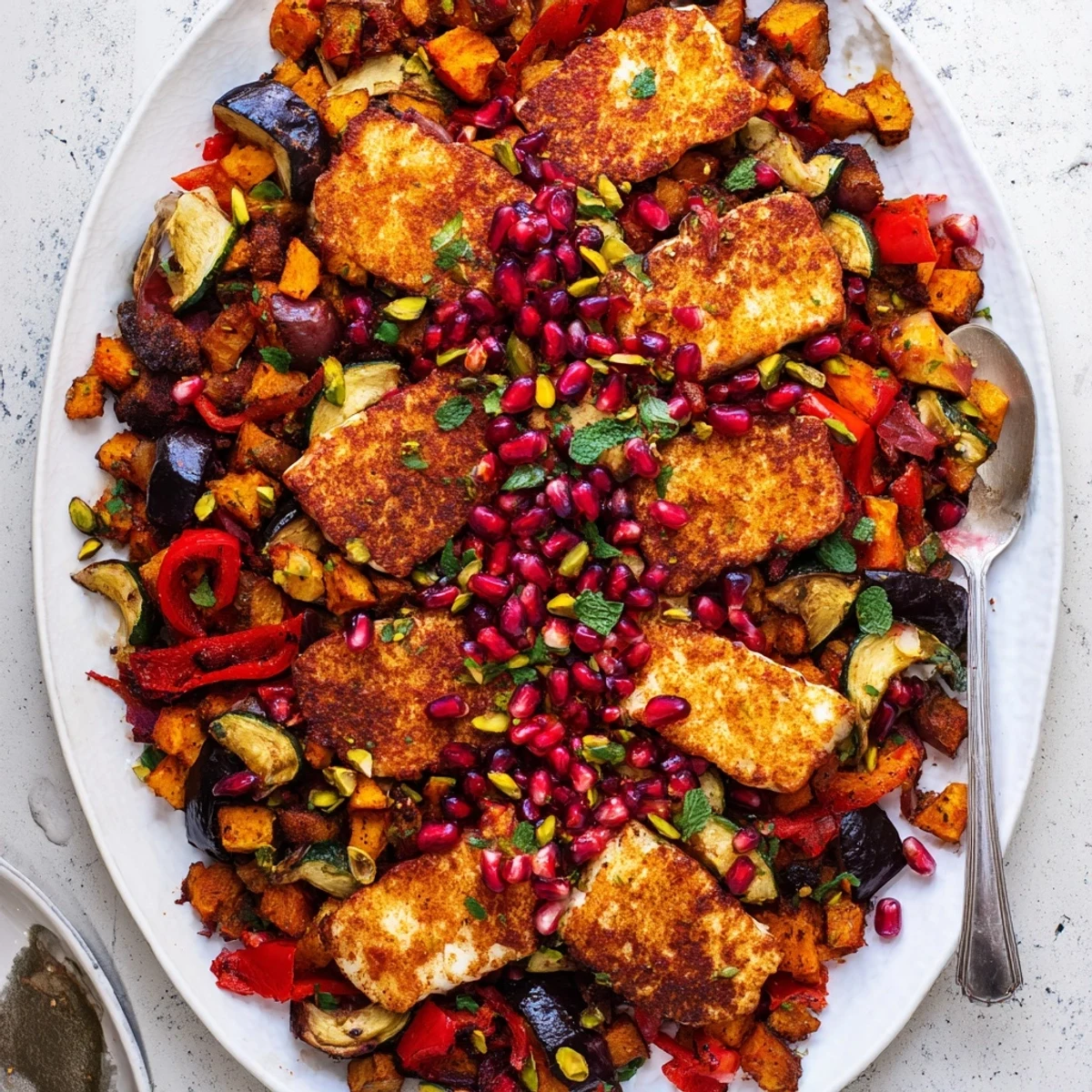 Golden Jewelled Haloumi With Spiced Vegetable Bake showcases roasted vegetables and crisp haloumi topped with glistening pomegranate seeds and fresh herbs.