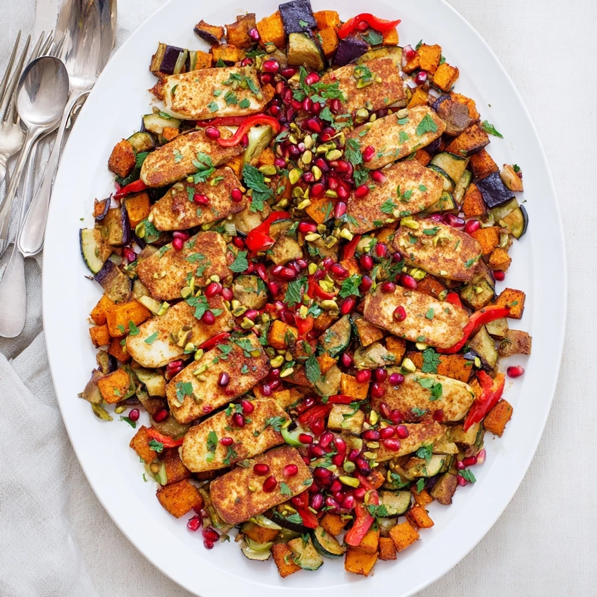 A close-up view of Jewelled Haloumi With Spiced Vegetable Bake reveals caramelized veggies, golden cheese, mint, and pistachios on a serving platter.