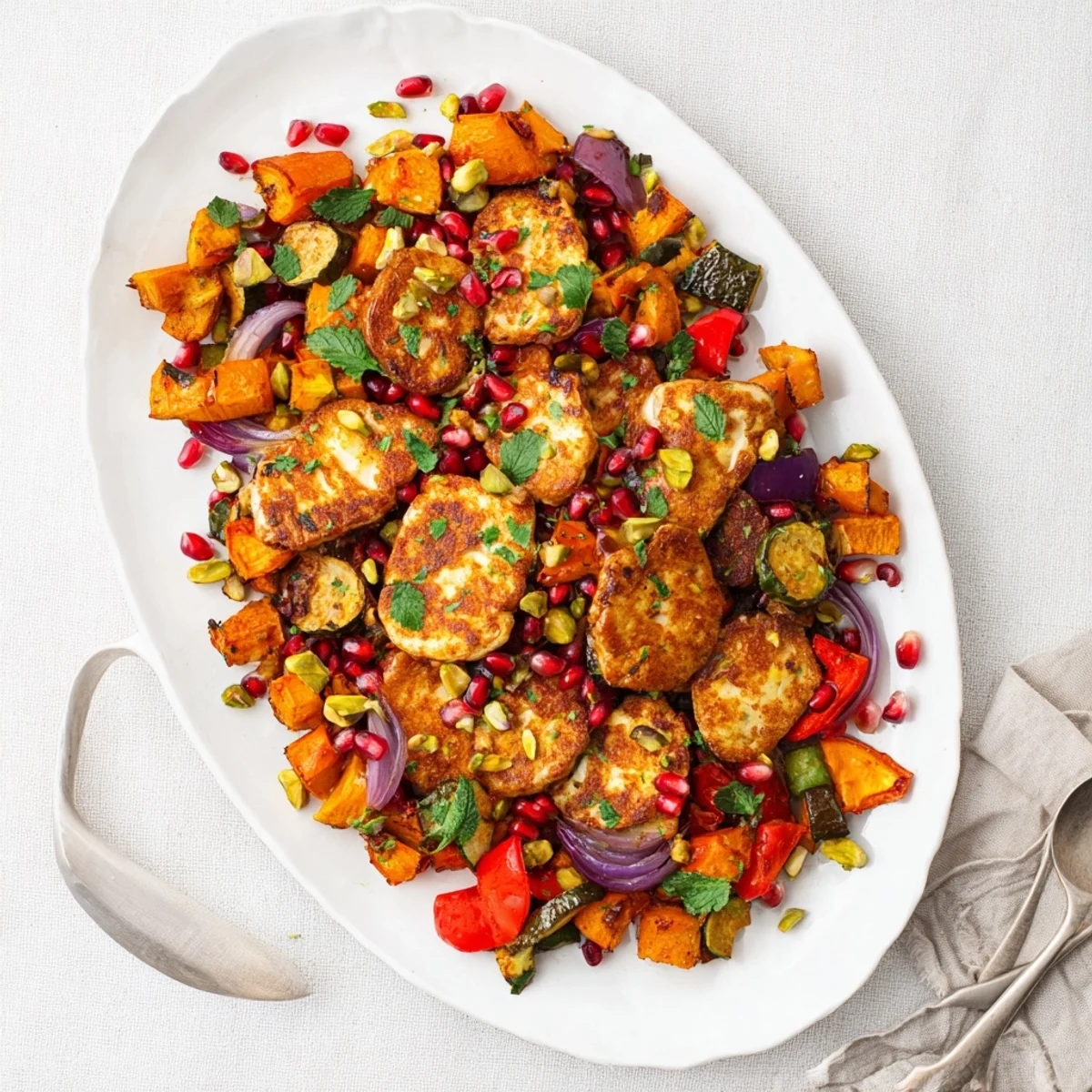 Jewelled Haloumi With Spiced Vegetable Bake is plated with tahini sauce, perfect for a vibrant vegetarian dinner.