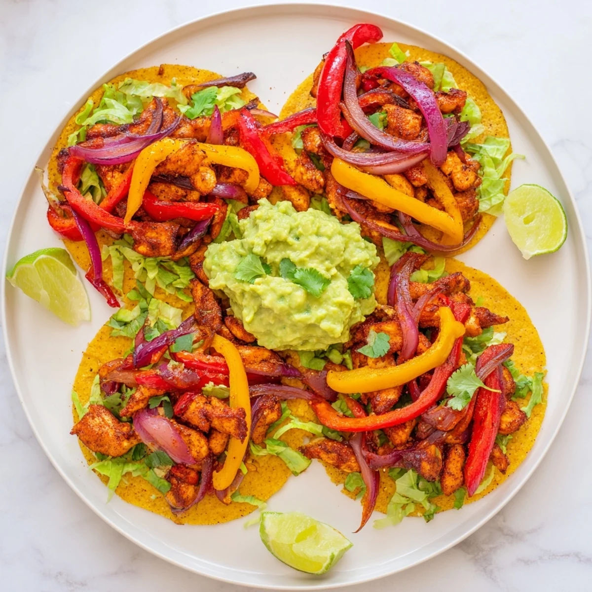 Crispy corn tostadas topped with juicy spiced chicken, sautéed bell peppers, and creamy homemade guacamole.