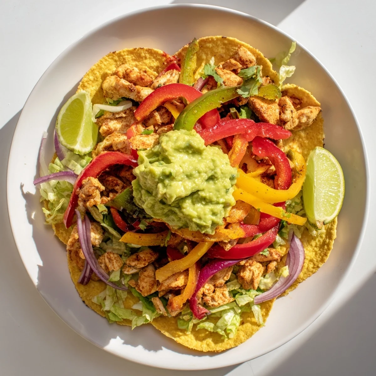 A close look at Chicken Veggie Tostadas With Guacamole, garnished with lime wedges and crumbled cheese.
