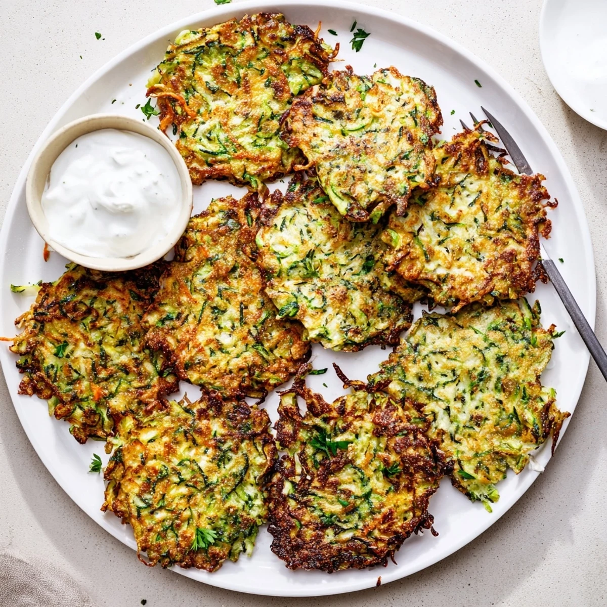 Golden crispy Easy Zucchini Fritters sizzling in a skillet with fresh herbs.