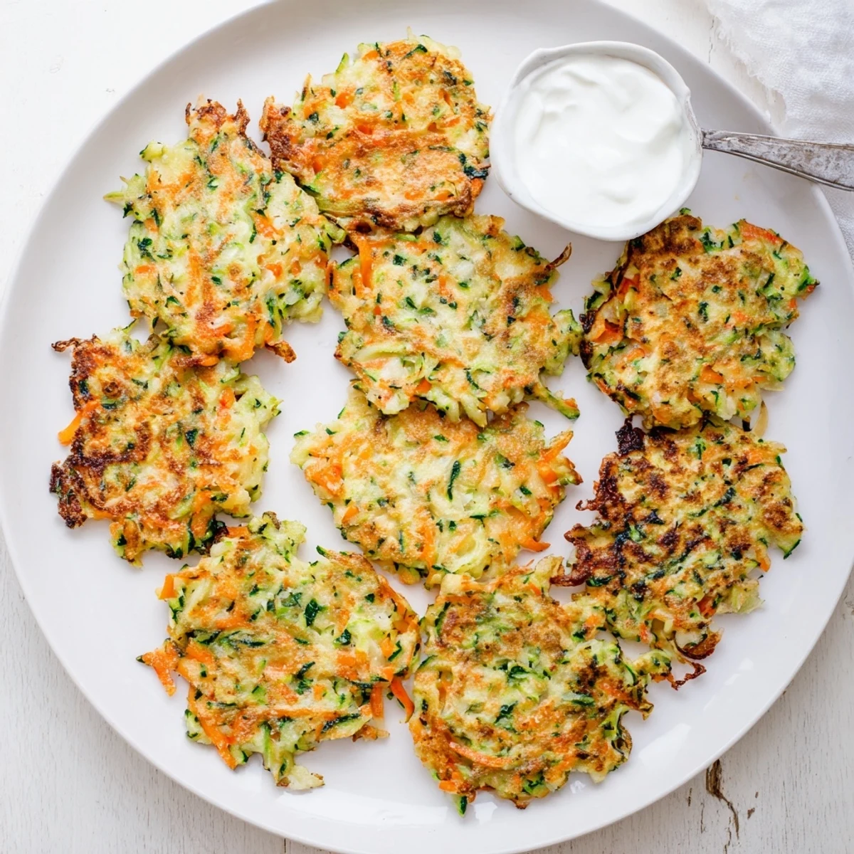 Freshly fried Easy Zucchini Fritters stacked on a plate with a crunchy exterior.