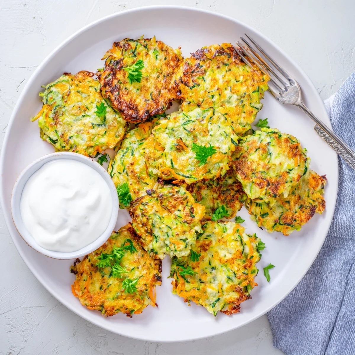 A close-up of Easy Zucchini Fritters served with creamy tzatziki and lemon wedges.