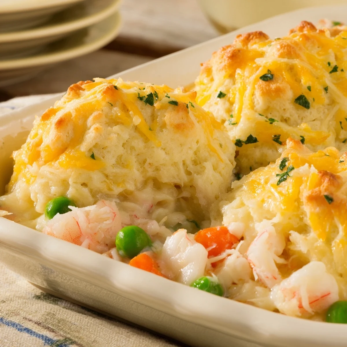 A close-up view of the golden, cheesy Cheddar Bay biscuit topping on a fresh-from-the-oven Seafood Pot Pie with Cheddar Bay Biscuit Topping.