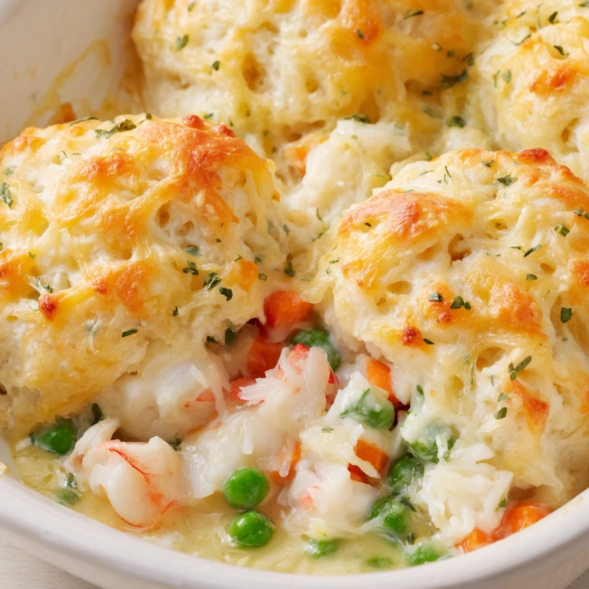 Serving spoon lifting a generous portion of Seafood Pot Pie with Cheddar Bay Biscuit Topping, showing the flaky biscuit texture.