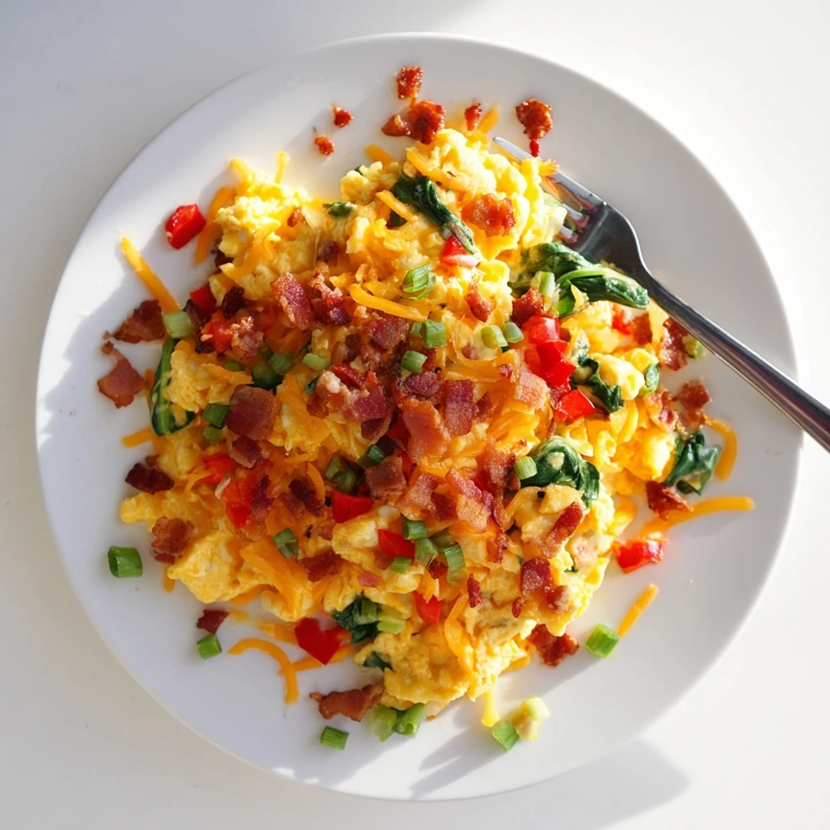 Soft, fluffy Loaded Scrambled Eggs feature vibrant red peppers, fresh spinach, and green onions for a savory breakfast.