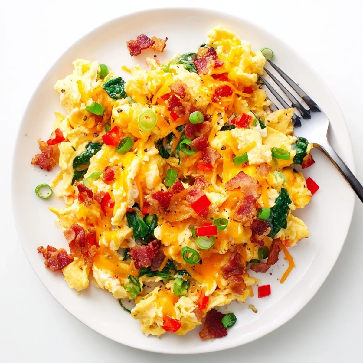 A hearty bowl of Loaded Scrambled Eggs with crumbled bacon and shredded cheese, ready to serve for brunch.