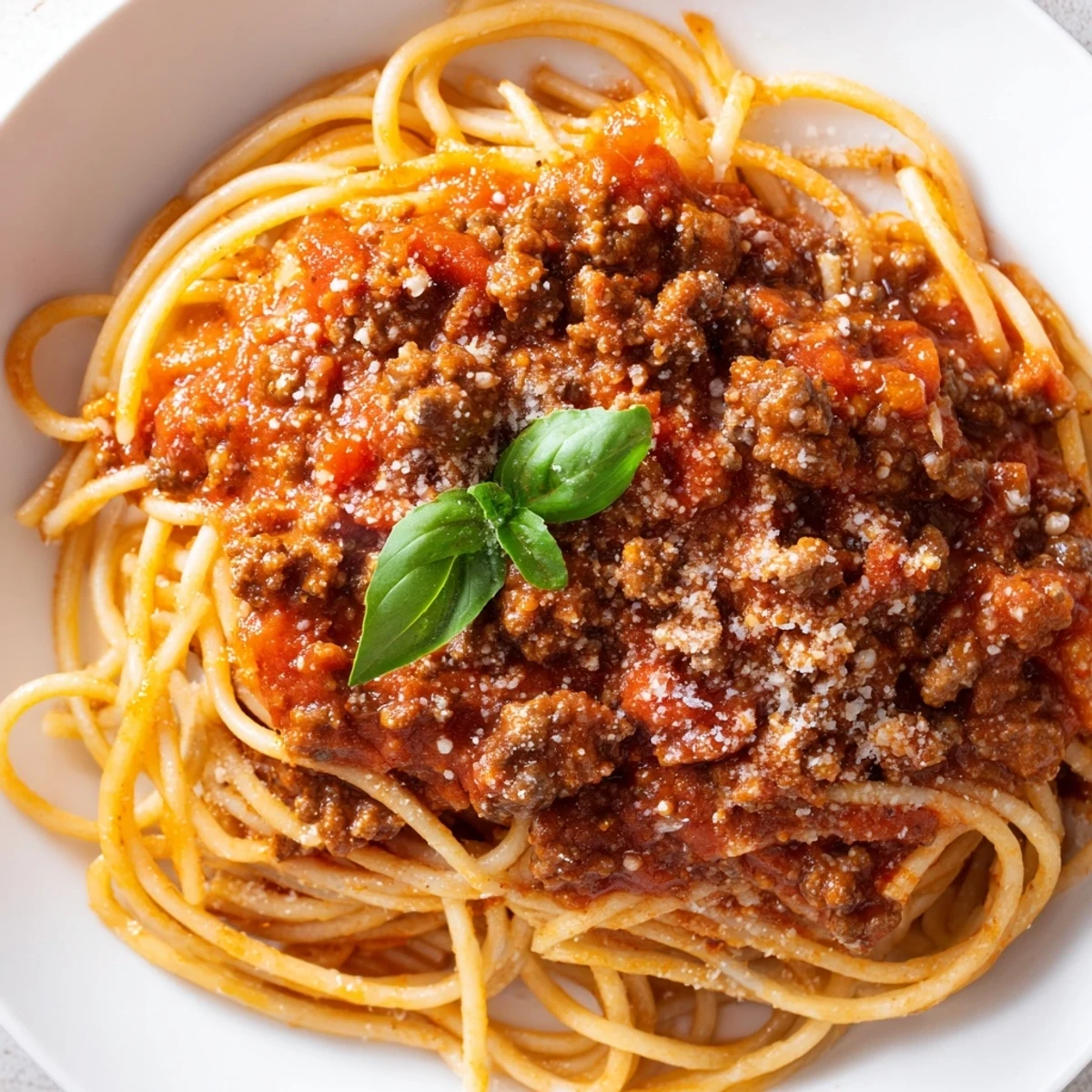 Spaghetti topped with fresh basil and Parmesan, a hearty The Bear Spaghetti served with a rich, simmered tomato sauce.