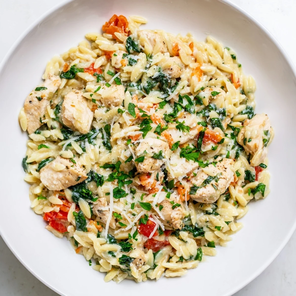 Golden-brown chicken pieces simmer in a light herbed sauce with tender orzo, vibrant cherry tomatoes, and fresh spinach in a skillet.  