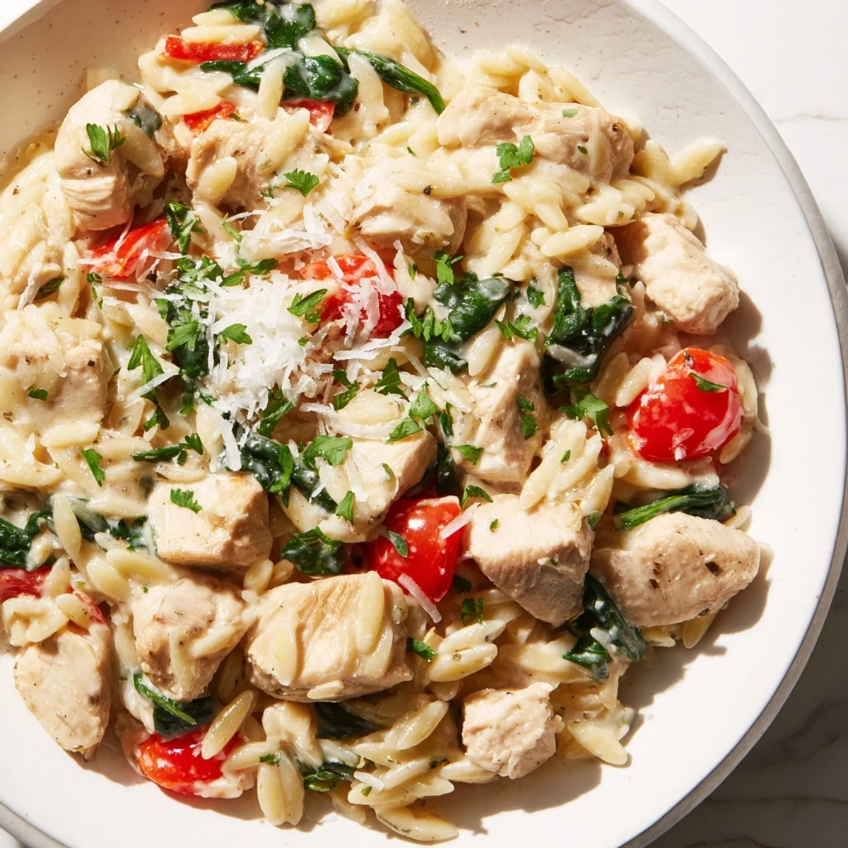 Served High Protein Chicken Orzo on a plate, garnished with fresh parsley and a lemon wedge, ready for a delicious family dinner.