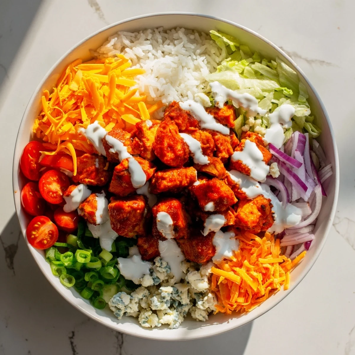 Overhead view of Buffalo Chicken Bowls featuring saucy chicken, crunchy carrots, tomatoes, and drizzled creamy ranch dressing.