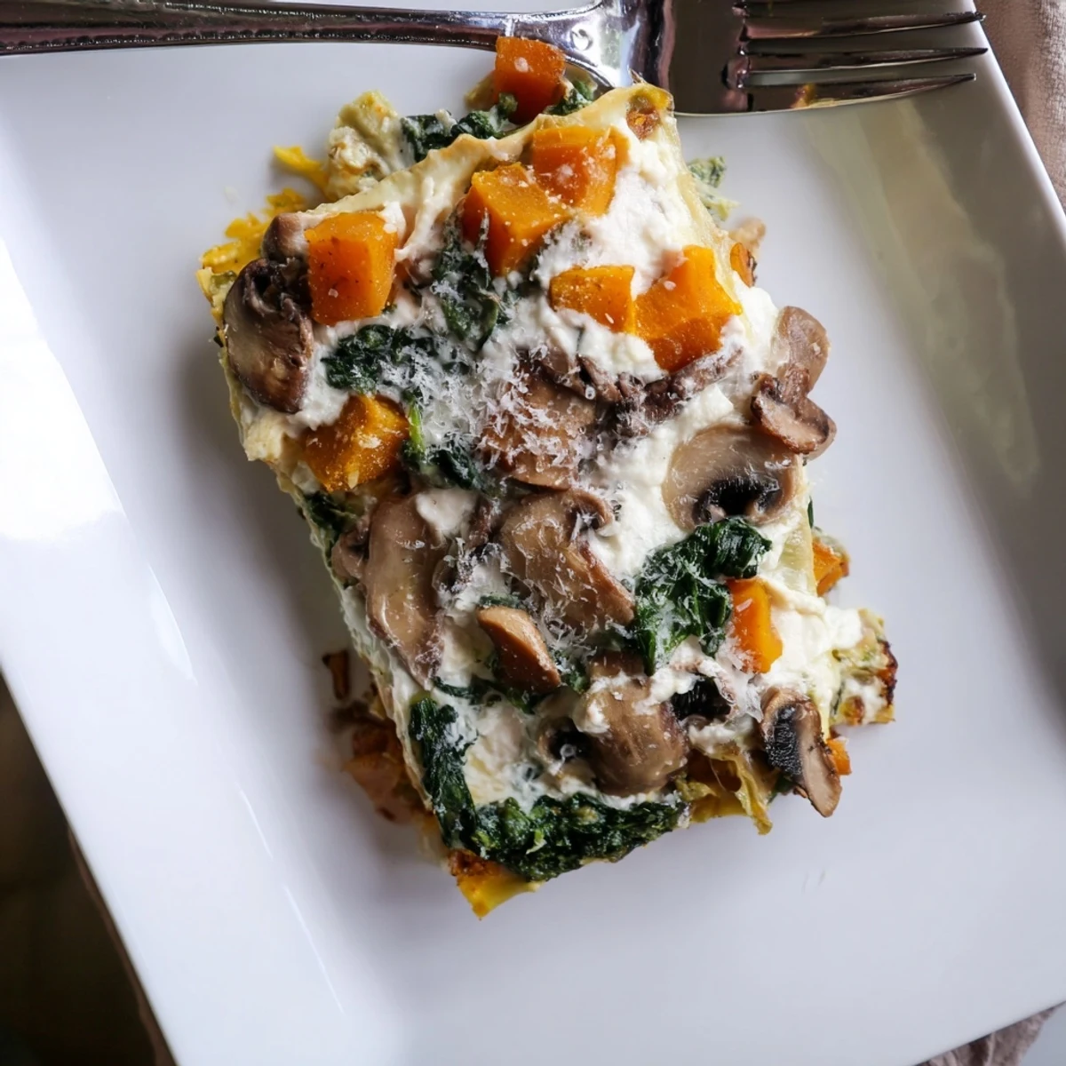 Golden roasted butternut squash lasagna with spinach and mushrooms in a creamy béchamel sauce, bubbling from the oven.