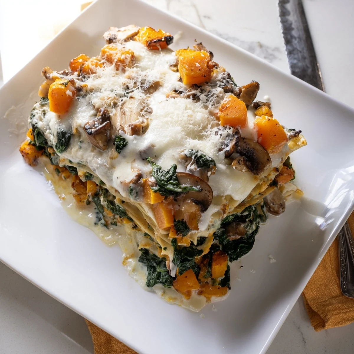 Vegetarian butternut squash lasagna slices on a plate, revealing rich layers of spinach, mushrooms, and creamy sauce.
