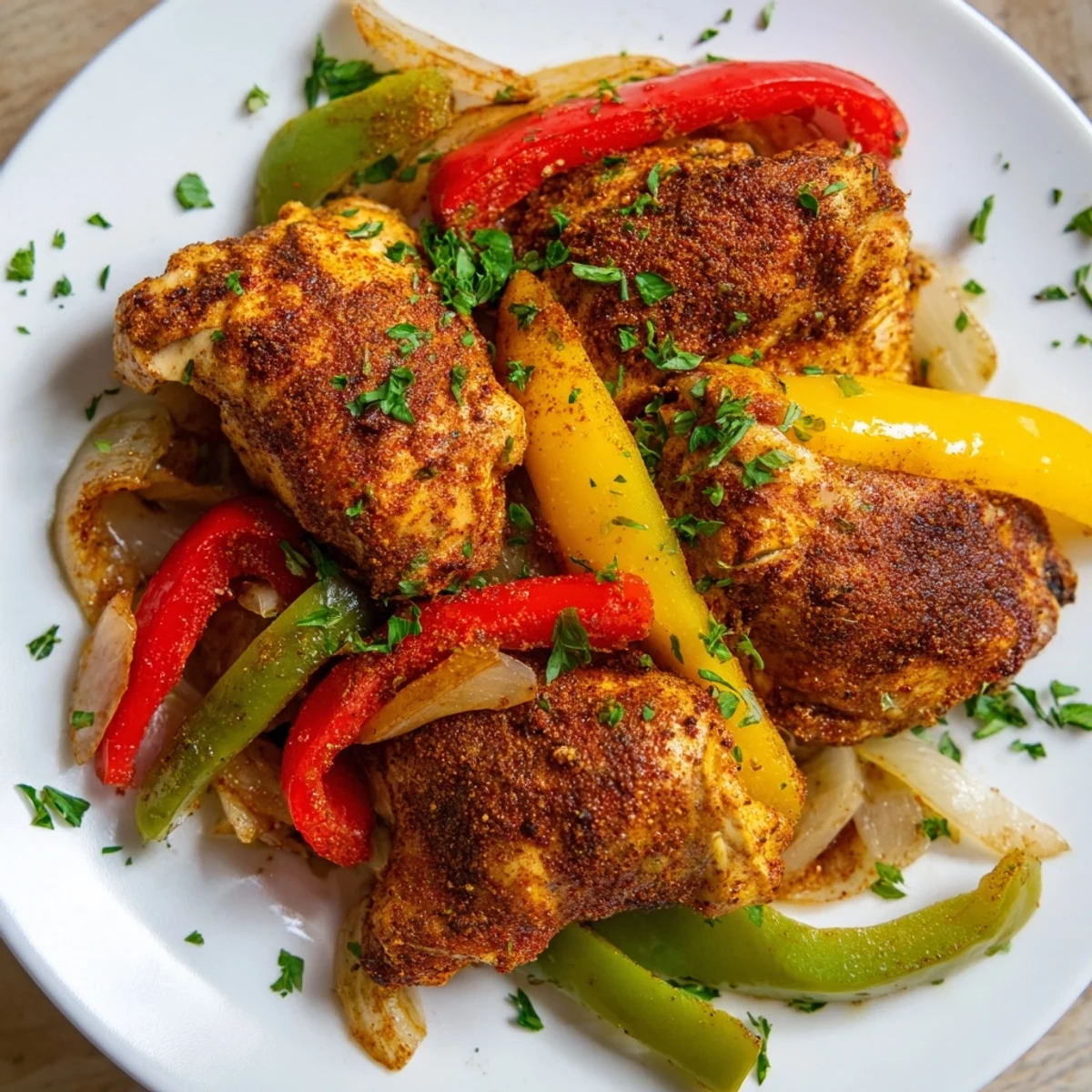 Golden-brown Cajun Chicken Bell Peppers Spicy Delight sizzling in a skillet with vibrant red, yellow, and green peppers.