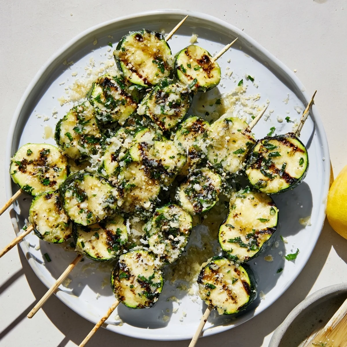 Charred zucchini rounds on skewers brushed with garlic butter for Garlic Butter Zucchini Skewers.