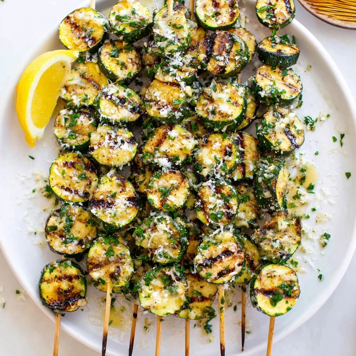 Grilled Garlic Butter Zucchini Skewers served with lemon wedges and fresh parsley on a platter.