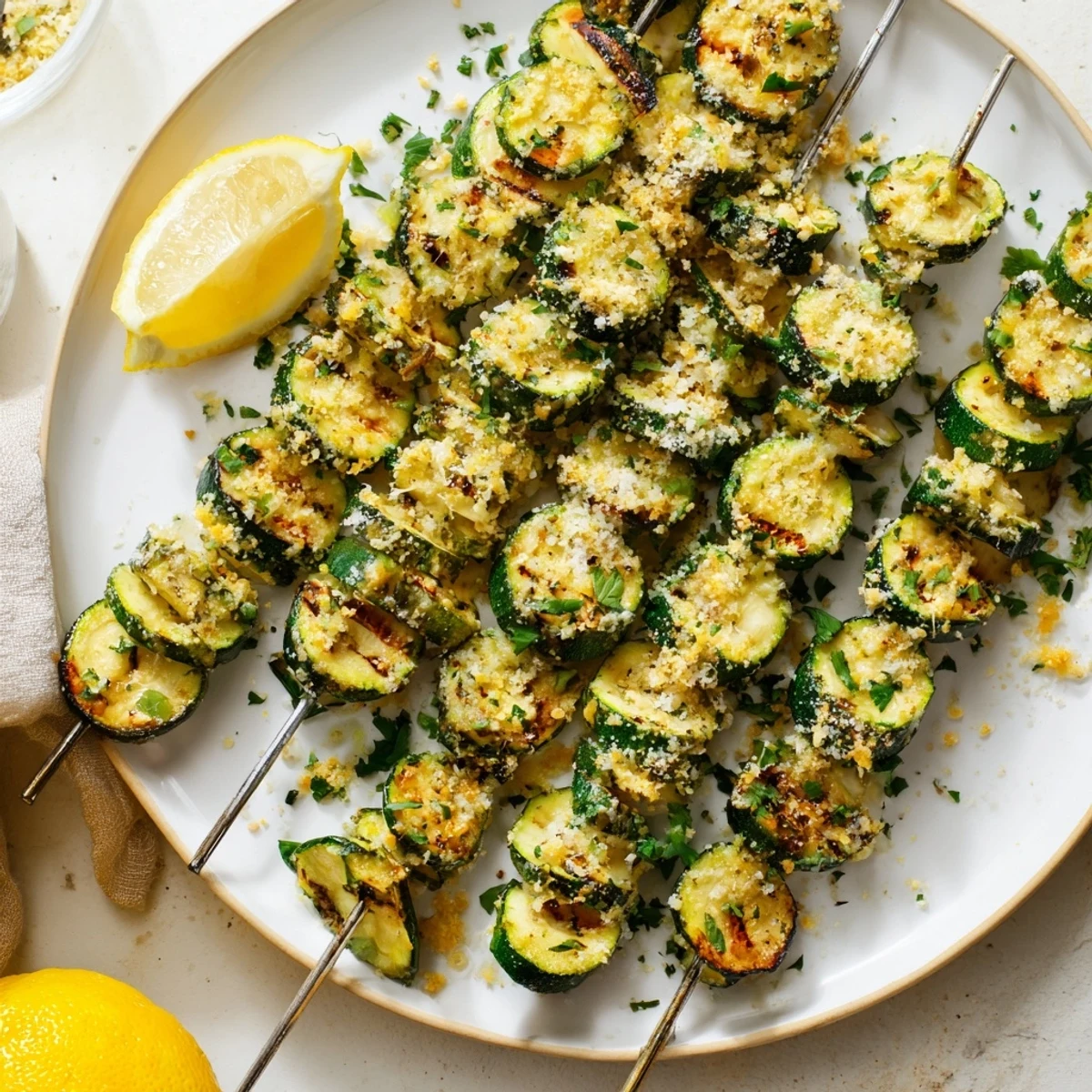 A close-up of Garlic Butter Zucchini Skewers glistening with butter and speckled with herbs.