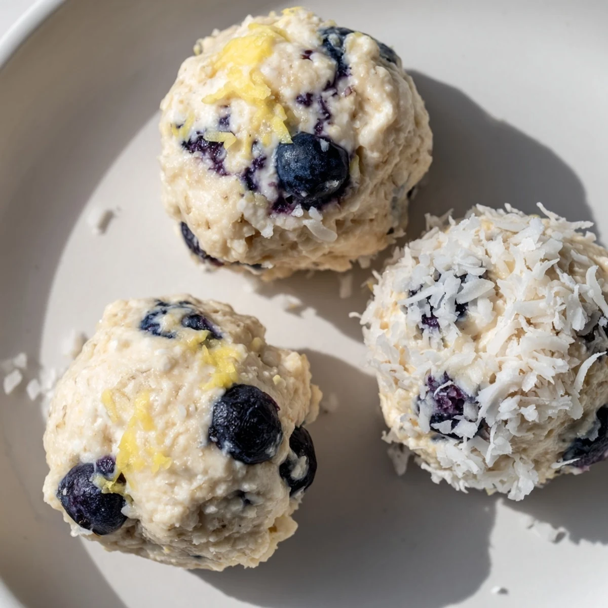 Fresh Lemon Blueberry Cottage Cheese Protein Bites roll out from chilled mixture, dotted with juicy blueberries for a burst of flavor.