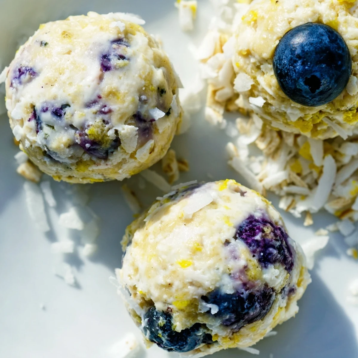 Lemon Blueberry Cottage Cheese Protein Bites are coated in shredded coconut, resting on a white plate ready for a healthy snack.