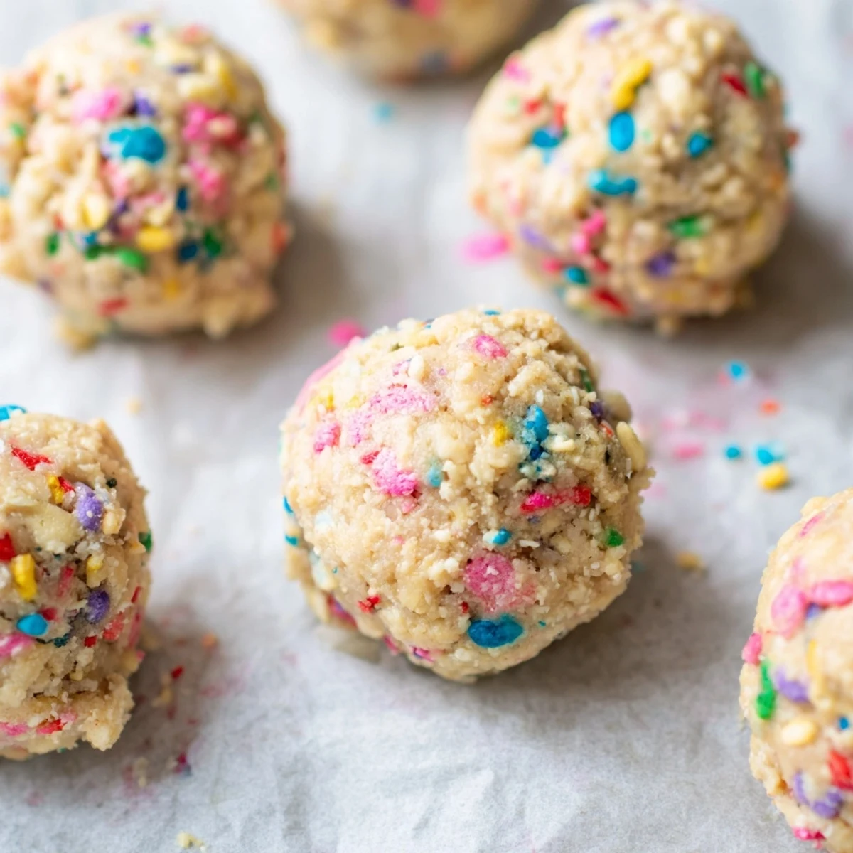 A close-up of Birthday Cake Batter Protein Balls rolled in colorful rainbow sprinkles on a white surface.