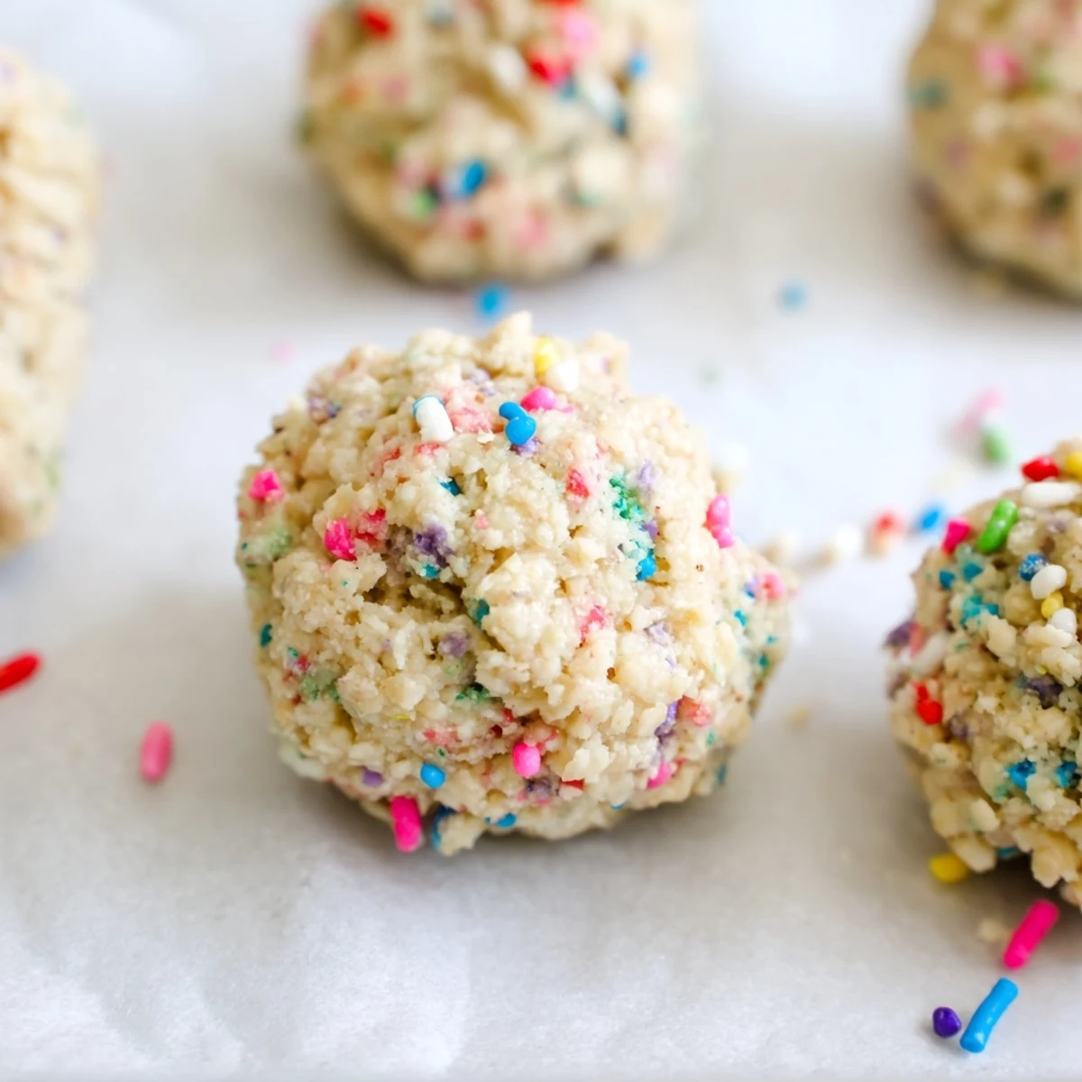 A hand holding a Birthday Cake Batter Protein Ball showing soft texture and tiny sprinkles.