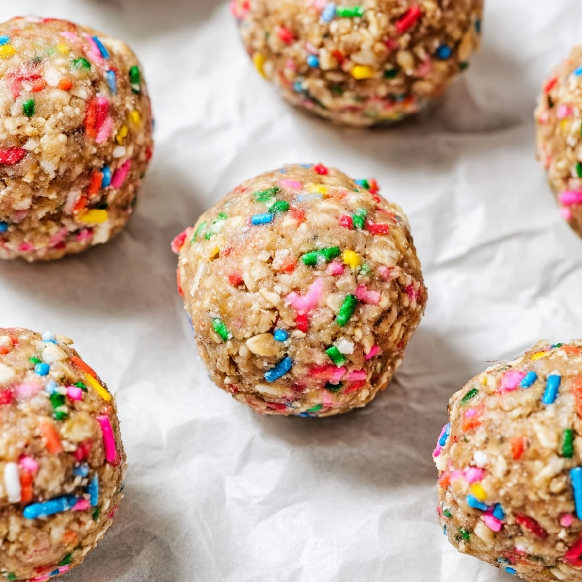 A platter of Birthday Cake Batter Protein Balls stacked with a glass of milk for serving.