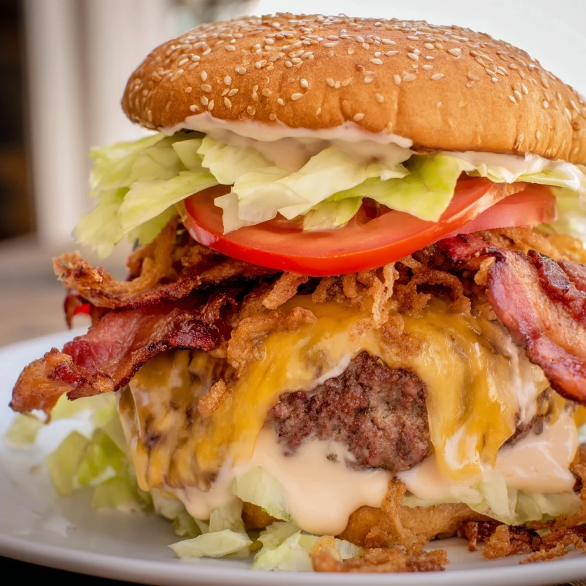 A close-up of Crack Burgers stacked high with crispy bacon, melted cheddar, and creamy ranch on a toasted bun, served with lettuce and tomato.