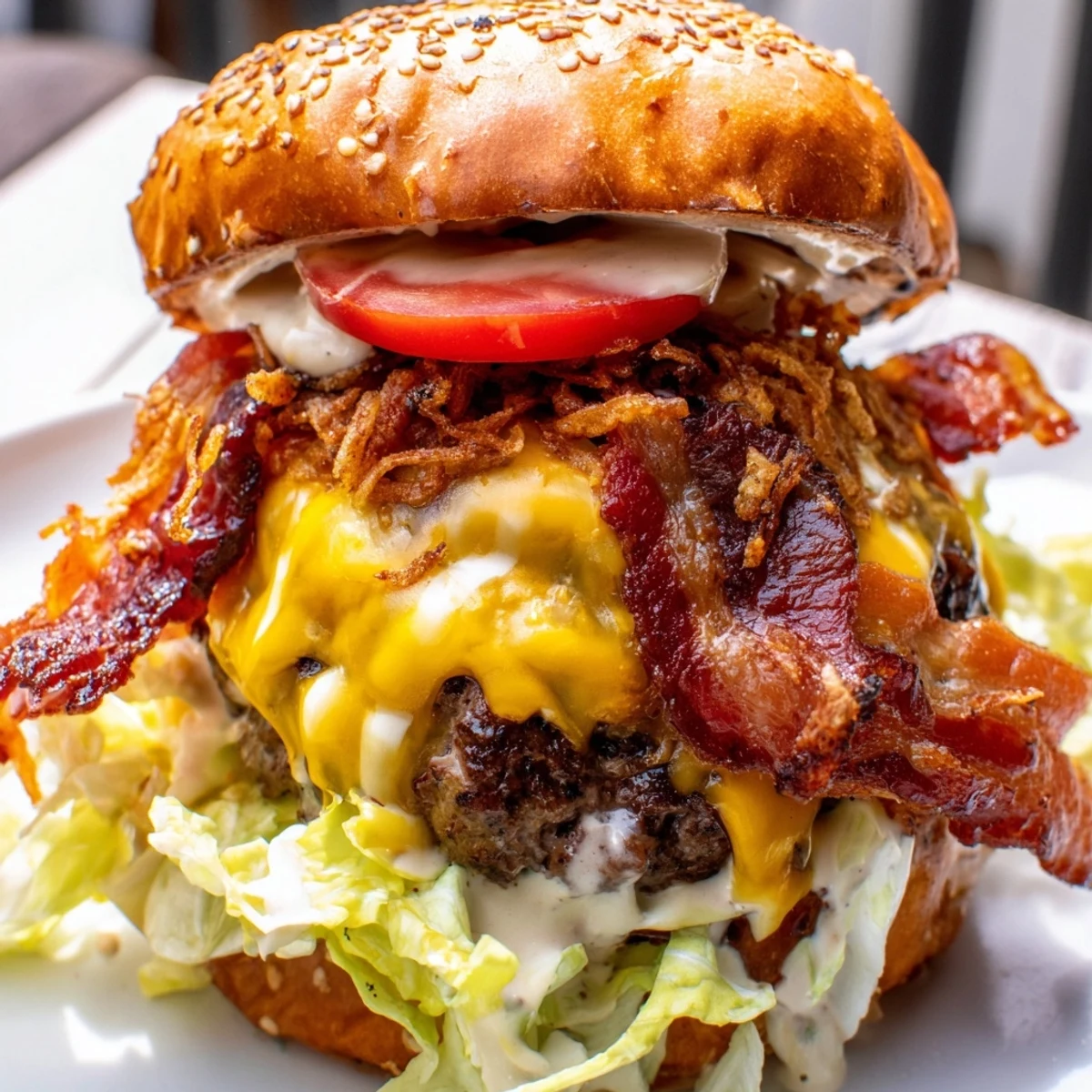 Freshly assembled Crack Burgers on a wooden board, featuring juicy beef patties, melted cheddar, and a drizzle of ranch sauce.