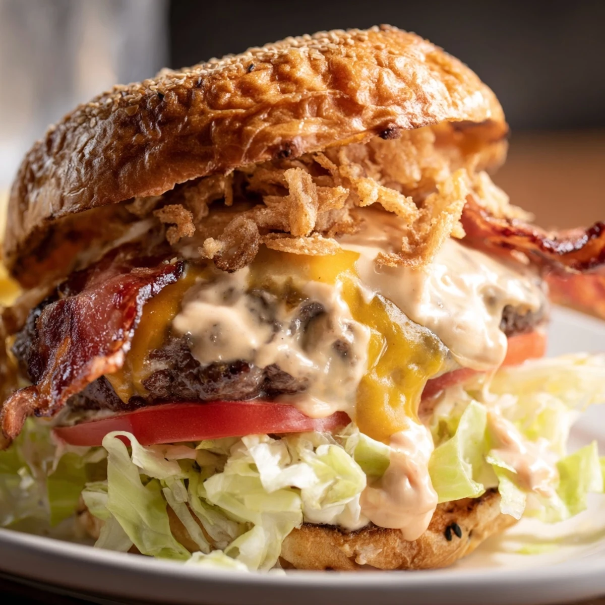 Golden-brown Crack Burgers sizzling on a grill, bacon strips frying nearby, ready for a backyard barbecue meal with family.