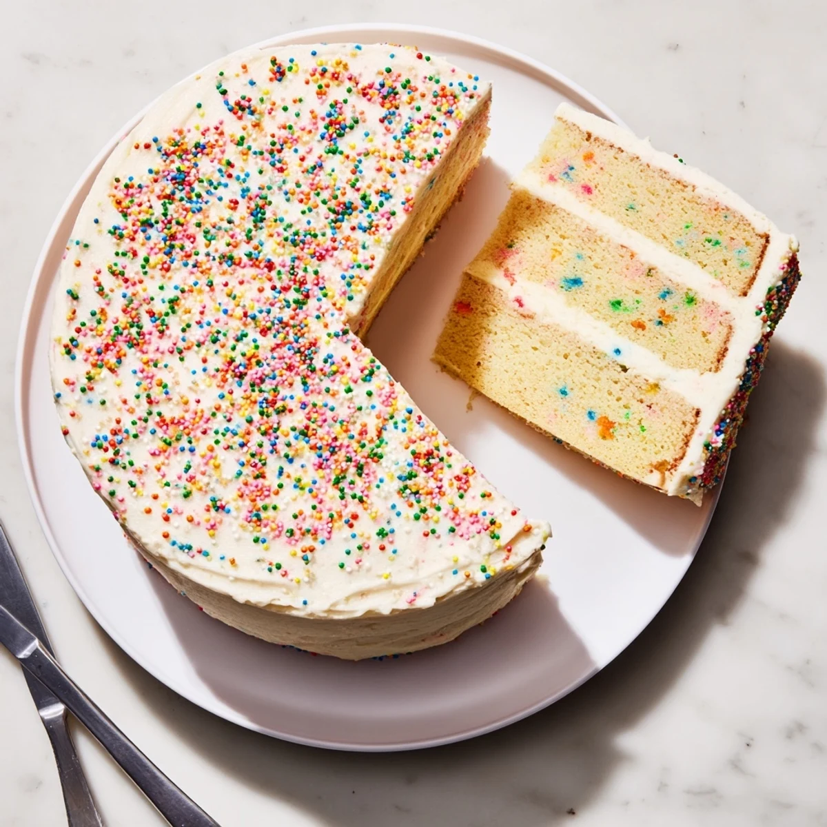 A slice of gluten-free funfetti birthday cake reveals tender crumb and bright sprinkles, ready for celebration.