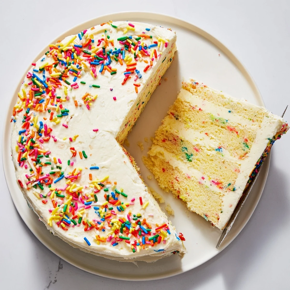 Moist, colorful gluten-free funfetti birthday cake layered with vanilla frosting and rainbow sprinkles on a festive plate.