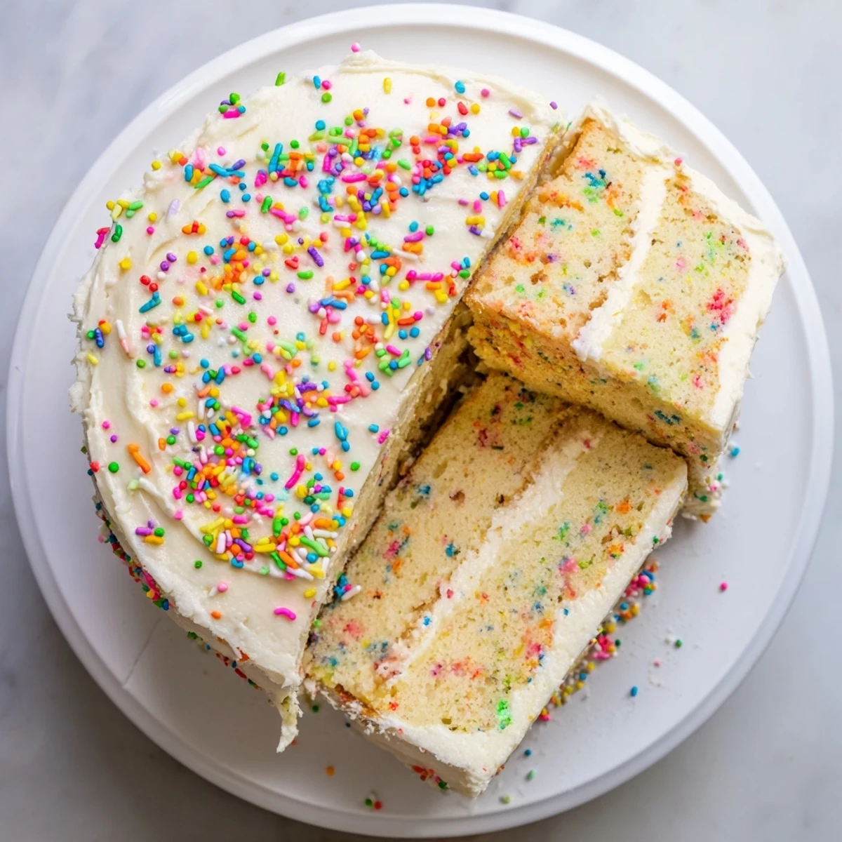 Gluten-free funfetti birthday cake with fluffy frosting and extra sprinkles, ideal for a birthday dessert table.