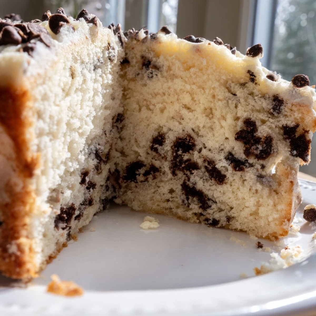A close-up of a moist, sliceable Chocolate Chip Cake on a white plate, showing the tender crumb and melted chocolate chips.