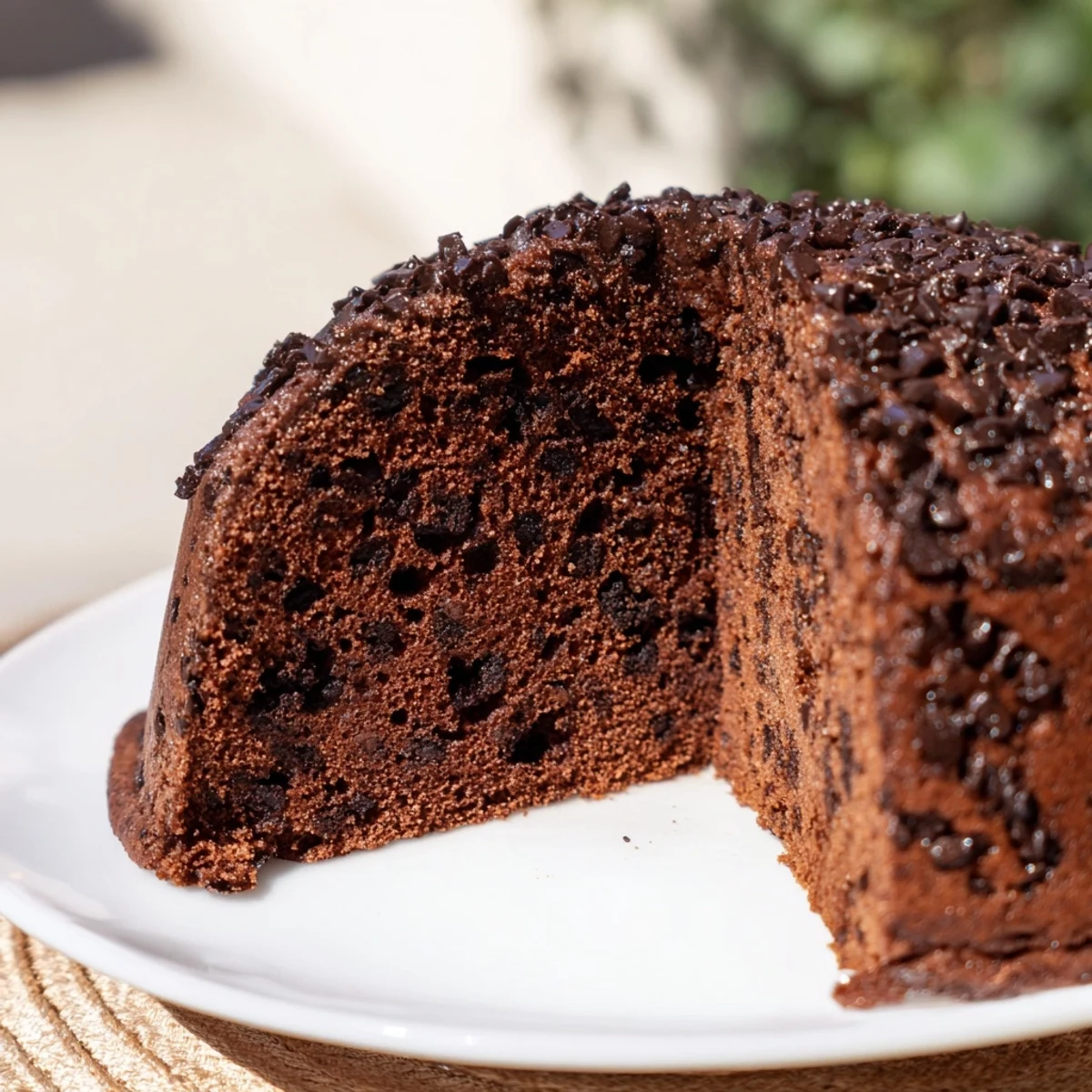 A freshly baked Chocolate Chip Cake on a wooden board, with a slice revealing the rich chocolate chips and soft texture.