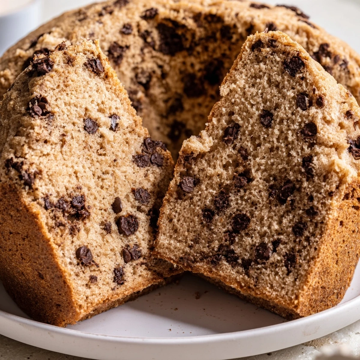 A Chocolate Chip Cake served warm with a scoop of vanilla ice cream melting over the top, perfect for dessert.
