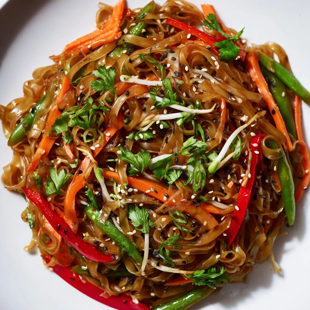 An overhead view of a hearty Rice Noodle Stir Fry in a wok, showing golden sesame seeds and chopped spring onions.