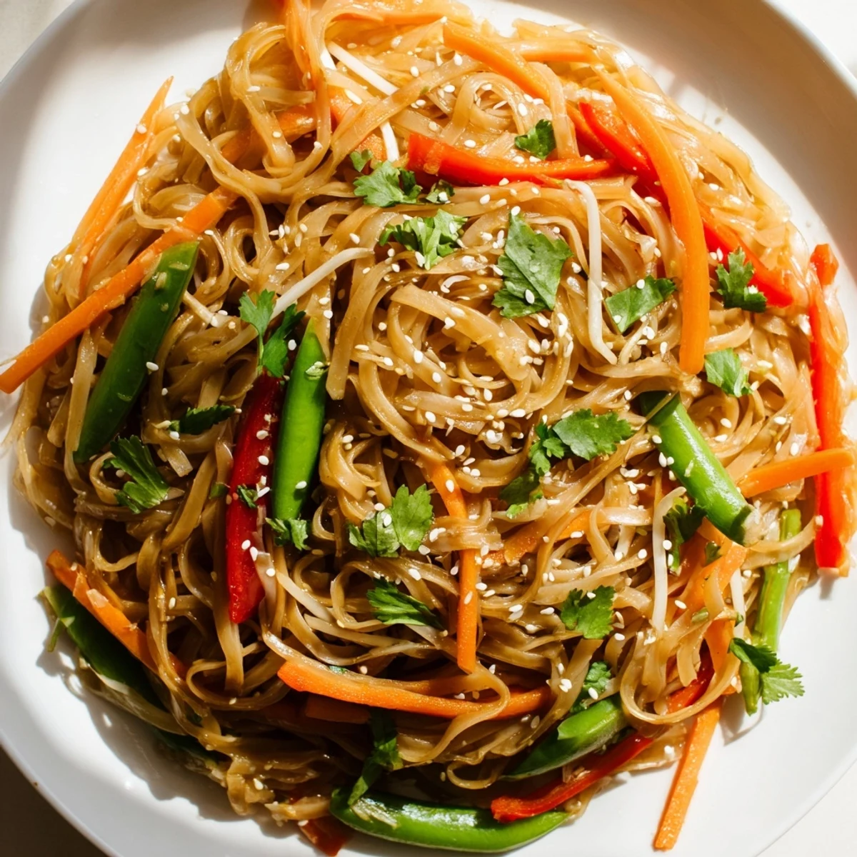 The finished Rice Noodle Stir Fry features tender noodles and vibrant veggies with lime wedges on the side for a zesty finish.