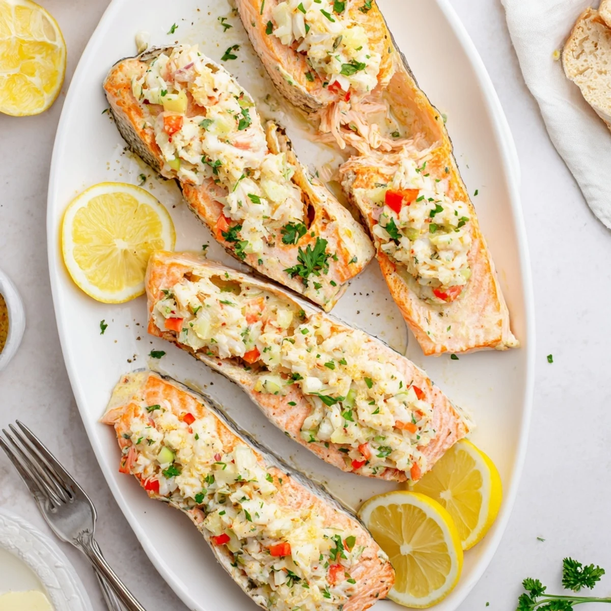 Golden baked Crab & Shrimp Stuffed Salmon fillets with a bubbly, savory seafood filling on a baking sheet.