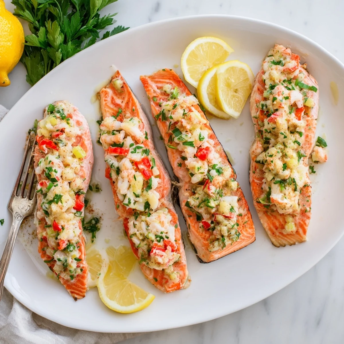Tender Crab & Shrimp Stuffed Salmon served with lemon wedges and fresh parsley on a white plate.