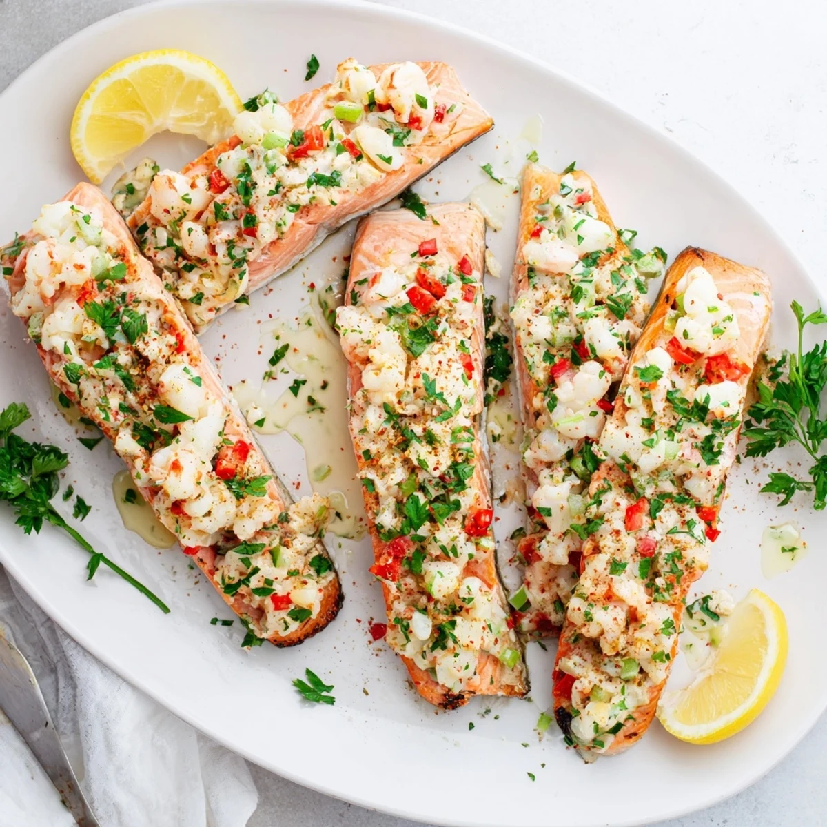 Close-up of Crab & Shrimp Stuffed Salmon revealing flaky fish and a rich crab shrimp mixture.
